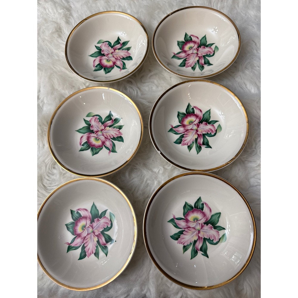 Mount Clemens Pottery Modern Orchid Fruit Bowls 22K Gold Rim Set of 6 C-53